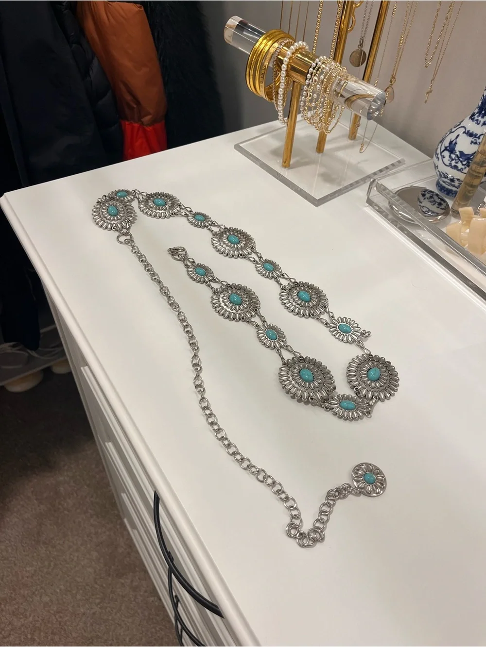 Silver-Tone Turquoise Floral Belt
